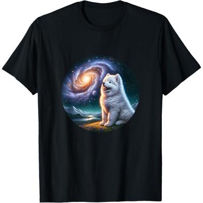 Samoyed Dog Under The Space Moon And Spiral Galaxy T-Shirt for Men Women Girls Kids