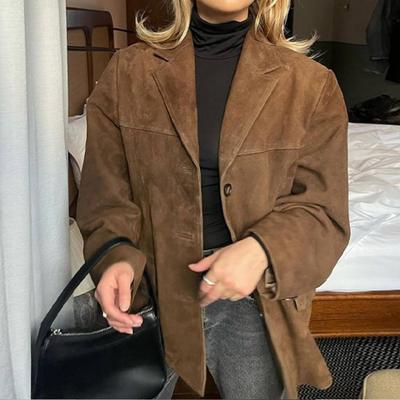 Fashion Brown Lapel With Pocket Blazer Jacket Woman Casual Single Breasted Long Sleeve Short Coat Autumn High Street Outwear