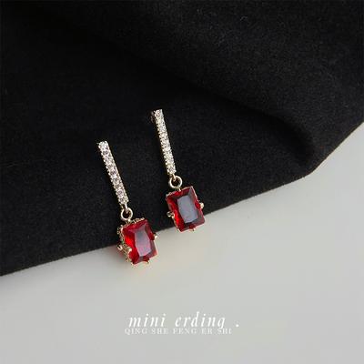 Literary Retro Micro-inlaid Zircon Plated 14K Burgundy Square Geometric Earrings Temperament Simple Earrings