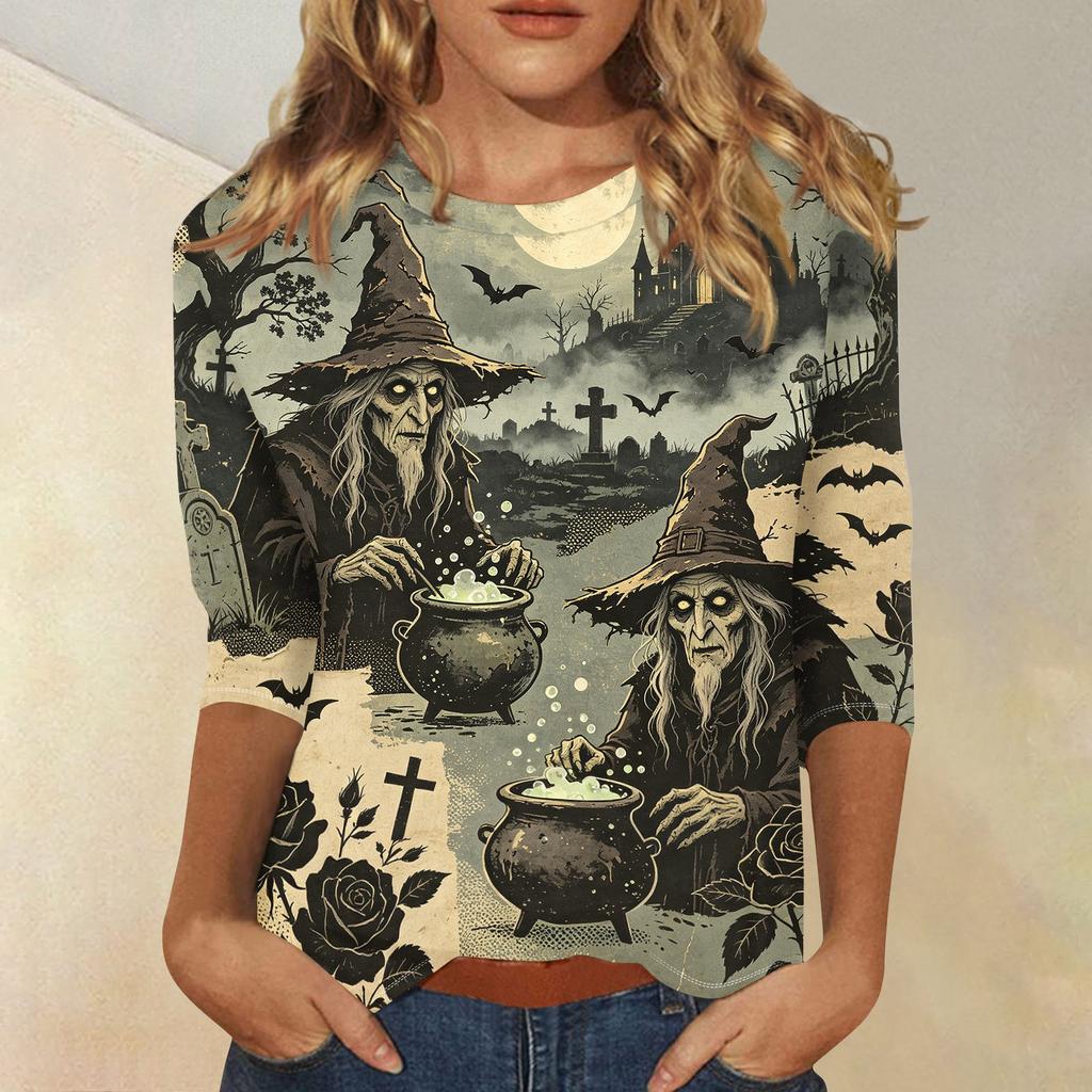 Women Casual Three Quarter Sleeve Halloween Skull Print Round Neck Top Lightweight Comfortable Fit Blouse for Everyday Wear