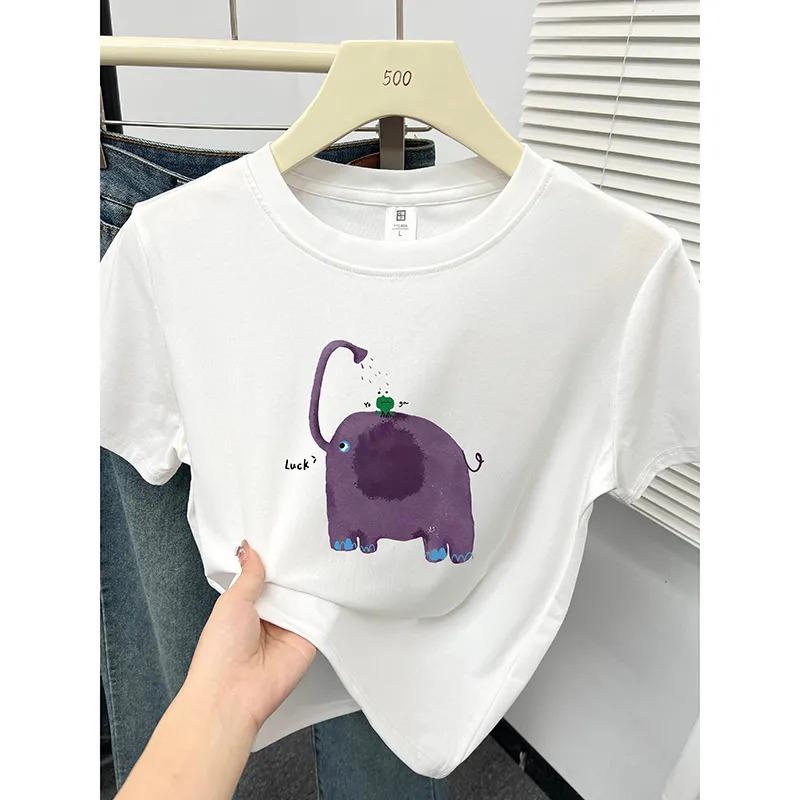 Women White Short Sleeve T-Shirt With Cartoon Elephant Print S белый