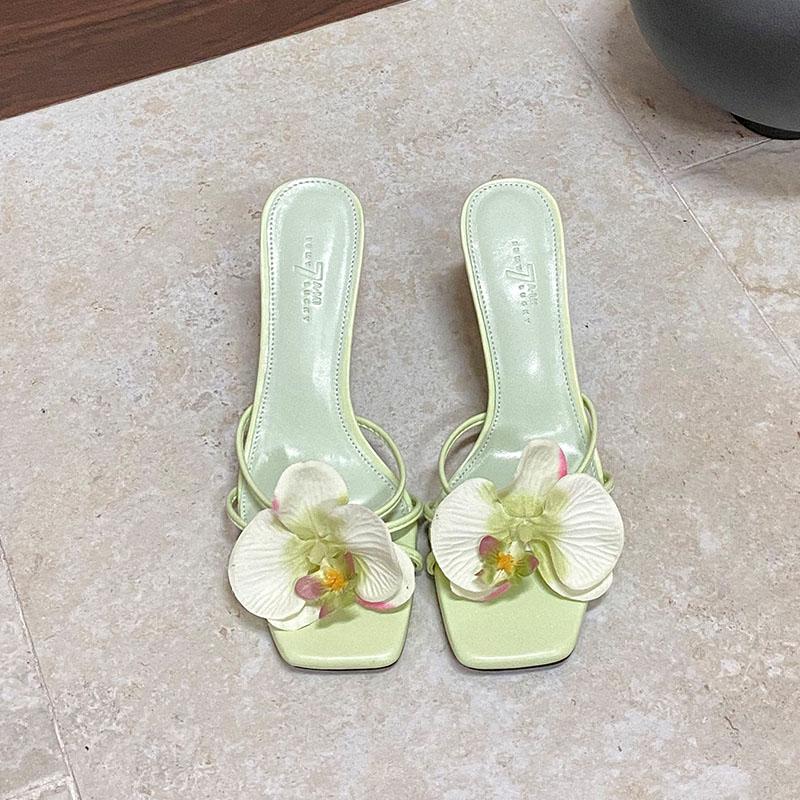 Fashion Pink Fashion Flower Women Thin Heels Sandals Slides Shoes Female Square Toe Footwear Ladies High Heels Sandals Shoes Pumps