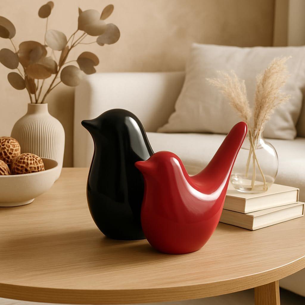Creative Black and Red Glossy Ceramic Birds Figurines Home Decorations Accessories Party (Pack of 2, Black & Red)