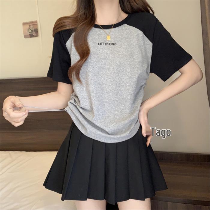 Plus Size Summer Crew Neck Print Drawstring Short Sleeve Slimming T-Shirt for Women