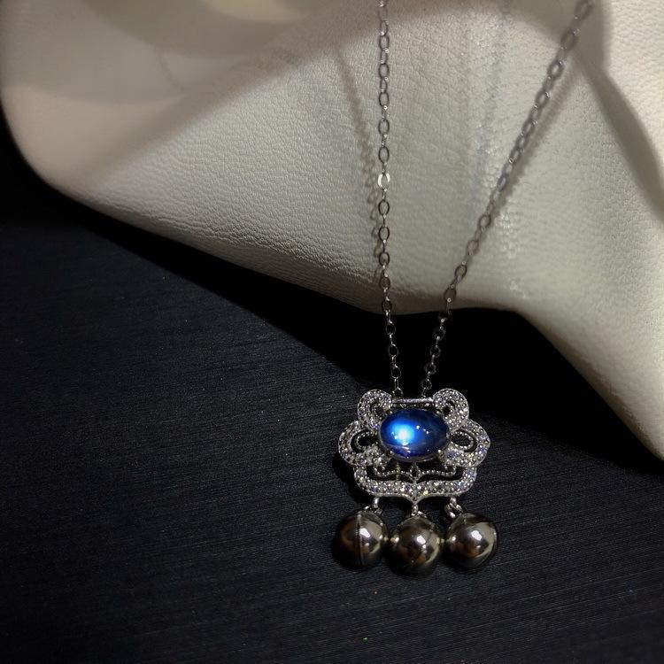 Ping An Lock Necklace Women Small Bell Pendant Blue Moonstone Ruyi Ping An Long Life Lock Short Ladies Accessories