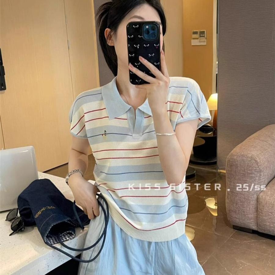 A Korean-style Striped Polo Neck Knitted Short-sleeved Women's Summer Thin T-shirt with A Design Sense and Embroidered Straight Shoulders