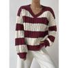 New Autumn/Winter Relaxed-Style Knitwear: Loose-Fitting, Fashionable Women’s V-neck Retro Colour-Blocked Striped Jumper
