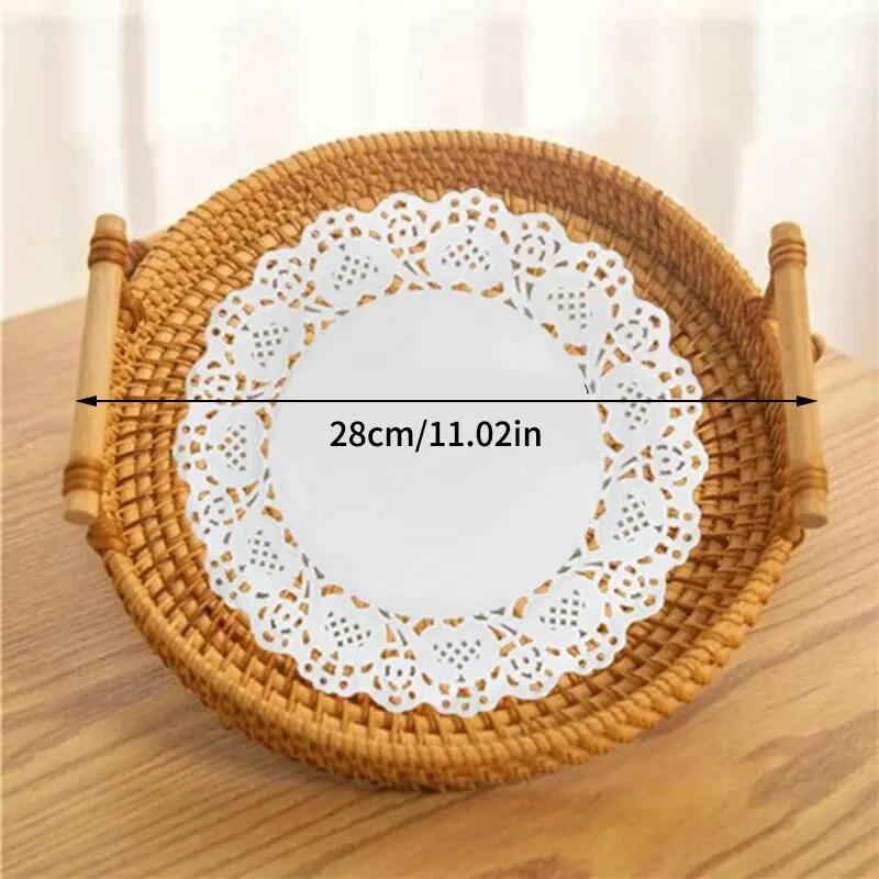 Rattan Bread Storage Woven Round Tray Snacks Fruit Picnic Binaural Tray Living Room Table Storage Decoration Kitchen Organizer