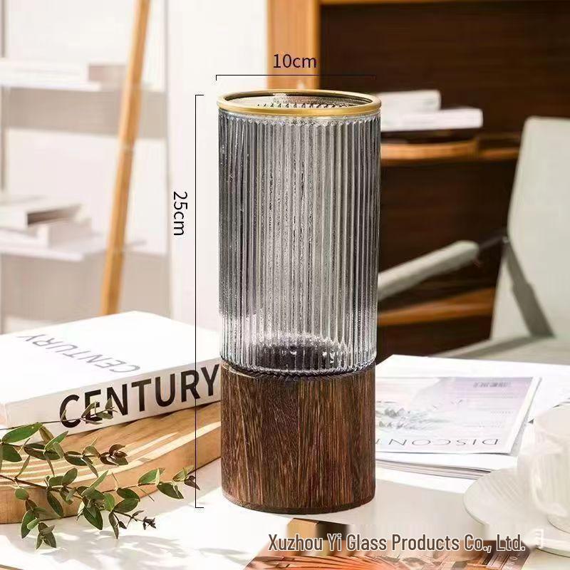 Nordic Wooden Stem Holder Glass Vase for Hydroponic Roses & Bamboo