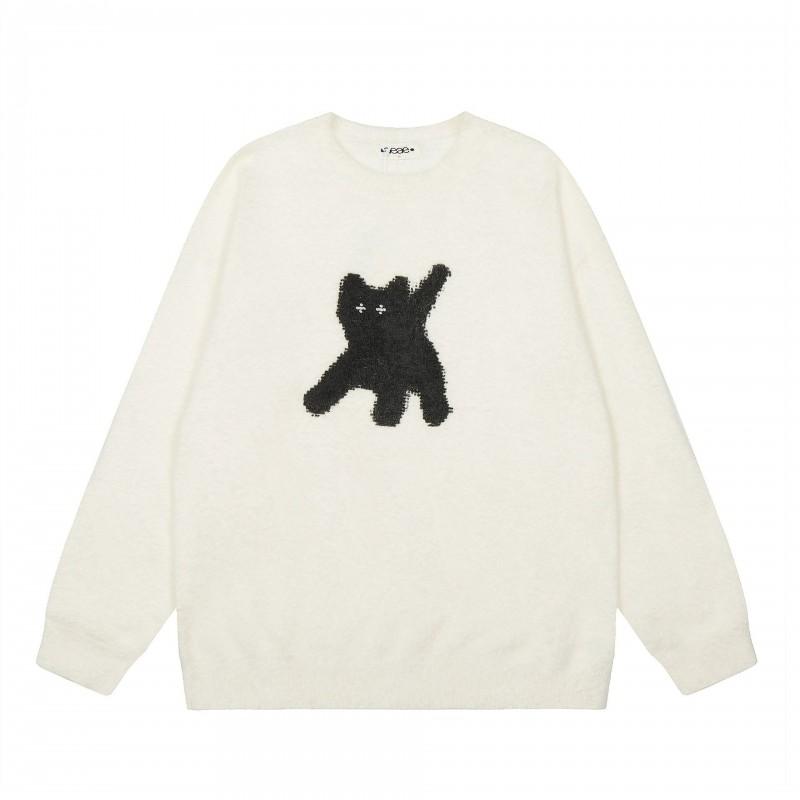 Korean Indie AEAE Glowing Eye Cartoon Fluffy Cat Wool Knit Sweater Loose Round Neck Pullover Teens