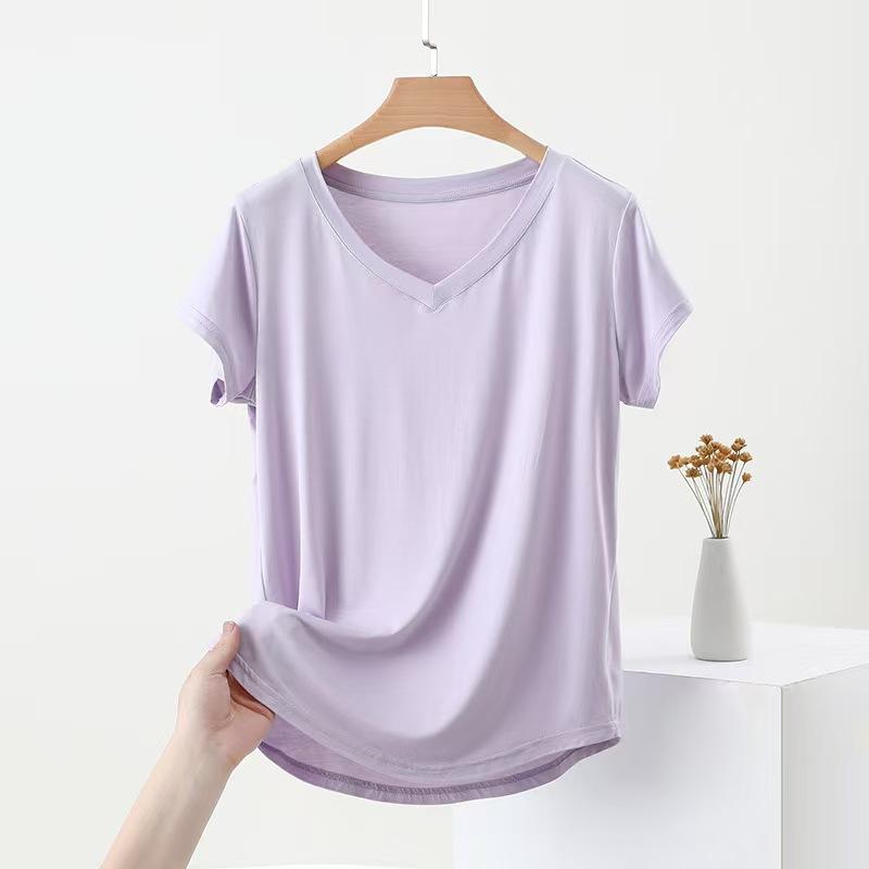 Ladies' Loose Fit Modal T-Shirt Summer V Neck Short Sleeve Solid Color Tee Top for Womens