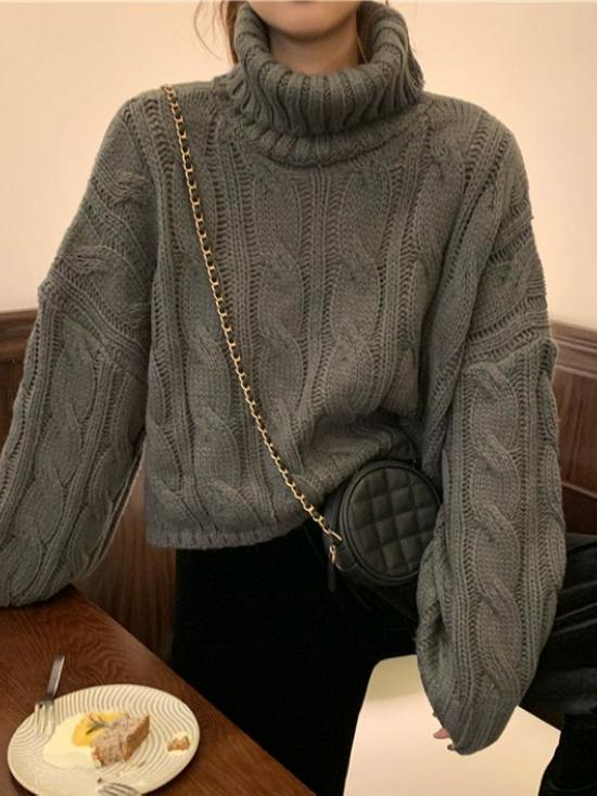 2024 Autumn/Winter Korean Style High Neck Cable Knit Pullover - Loose Fit for Students, Trendy and Lazy Style