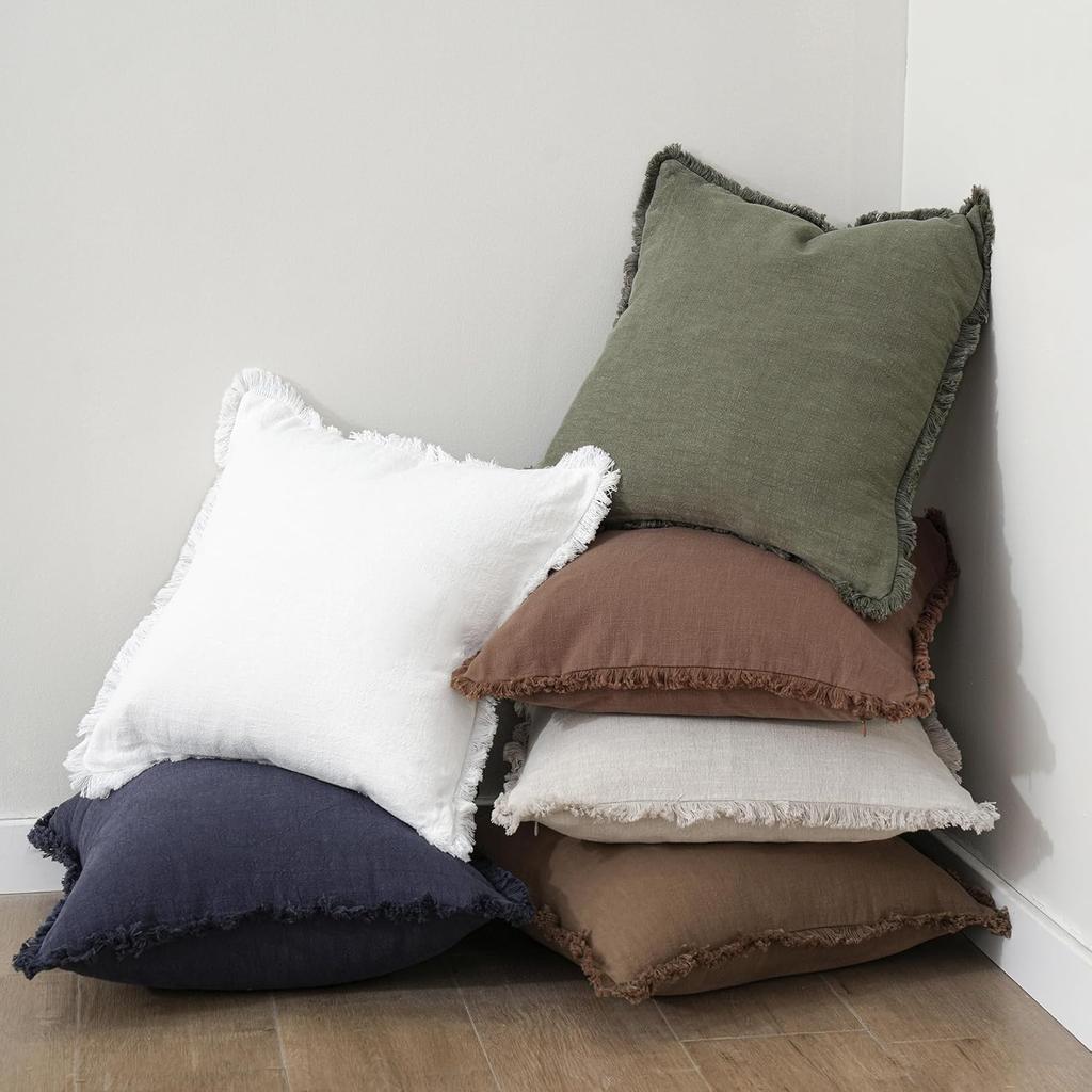 Fundas de Cojín Decorativas de Lino Verde Oliva con Flecos Estilo Boho Granja con Borlas Funda de Cojín para Sofá Sala de Estar 18×18 Pulgadas