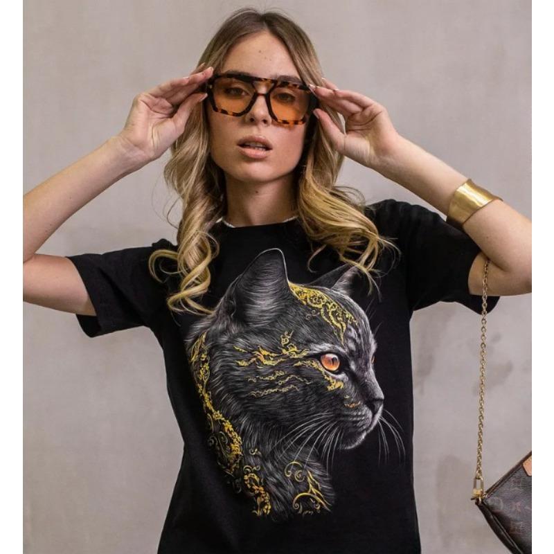 Top de vară cu gât rotund și imprimeu 3D cu pisică, tricouri de damă la modă și casual cu mânecă scurtă