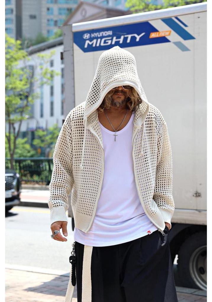 Men's European Mesh Knit Hooded Cardigan Sweater – Sun Protection & Long Sleeve