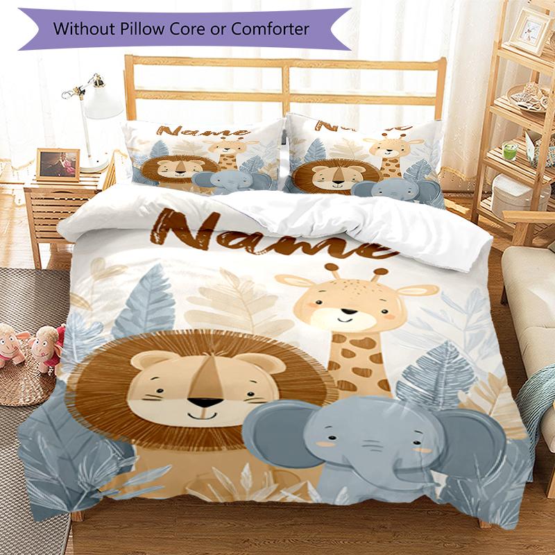 3pcs Custom Name Animals Bedding Set Duvet Cover Closure Includes 1 Duvet Cover & 2 Pillowcases, Soft and Comfortable for All Seasons.