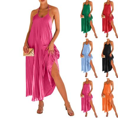 Women's Solid Color Suspender V-neck Pleated Beach Resort Long A-line Tie Dress