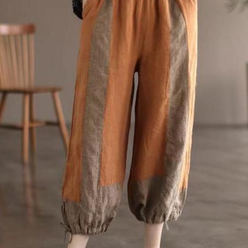 High Quality Cotton and Linen Color Blocked Casual High Waisted Seven Part Harem Pants Lantern Pants