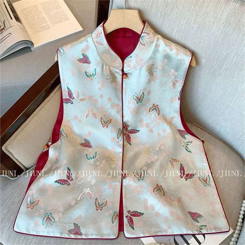 

Весенне-осенний жаккардовый жилет с бабочками, новая китайская женская одежда, верхняя одежда, весна 2025, новинка, топ-жилет со стойкой M [Recommended below 50kg]