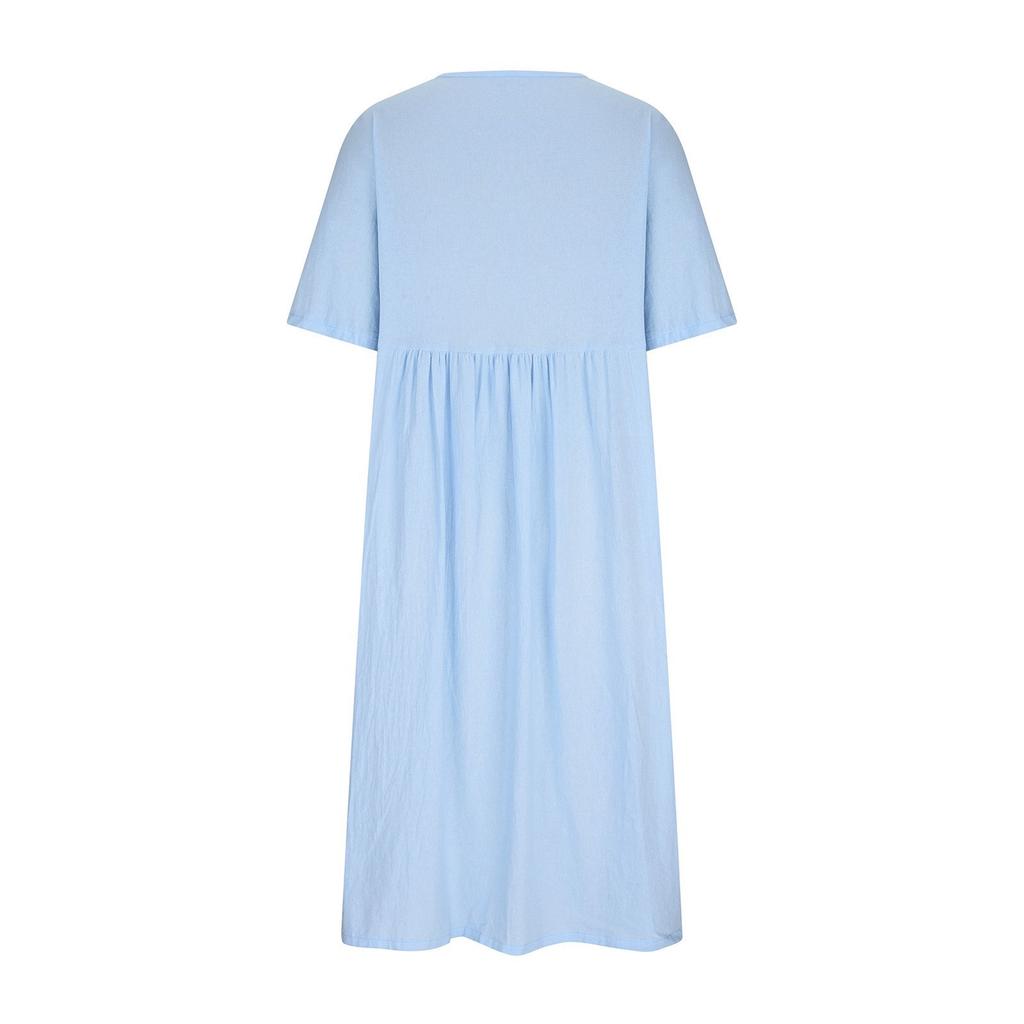 Women's Color Loose Waist Mid Length Dress Cotton Linen Round Neck Dress