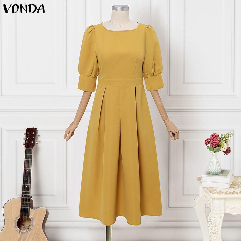 VONDA Summer Women Half Sleeve O Neck Solid Casual Side Zipper Long Pleated Dress S