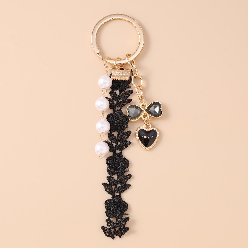 Cute Beaded Pearl Flower Keychain Women Girls Ribbon Bowknot Key Ring Pendant for Handbag Decor Handmade Key Chain Jewelry Gift