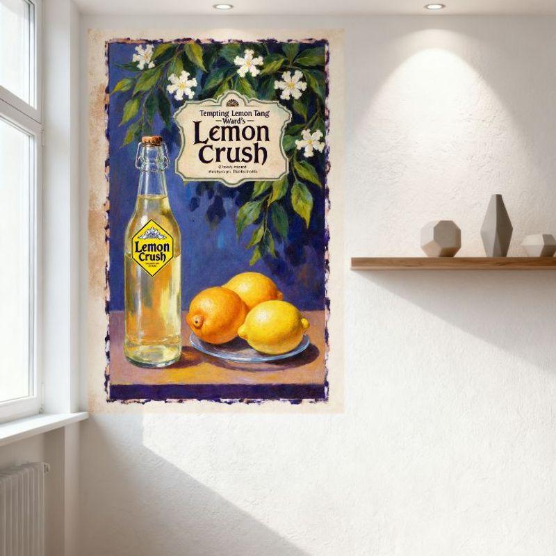 Vintage Lemon Crush Beverage Metal Tin Sign, Yellow Label Glass Bottle & Lemons, Retro Advertising Wall Plaque for Bar Cafe Man