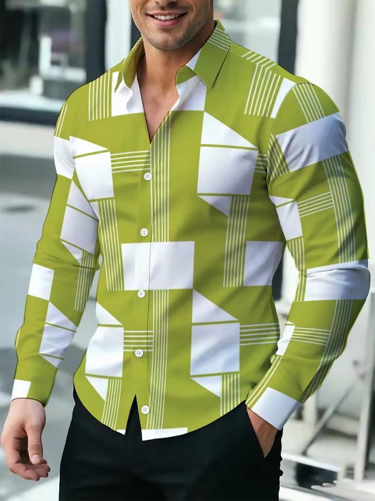 Retro Mondrian Geometric Patchwork Printed Men's Long Sleeved Shirt Slim Fit Business Casual Art Style Shirt