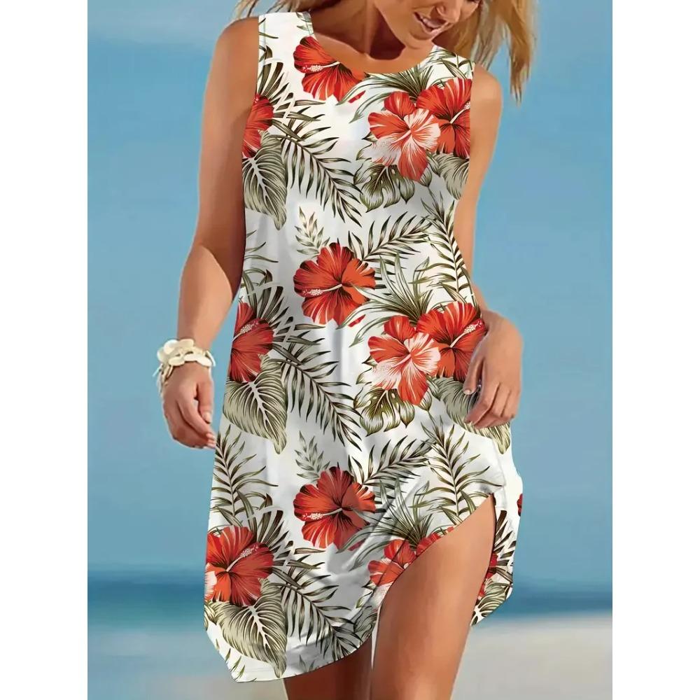 Robe débardeur d'été simple et colorée à imprimé floral sans manches Style vacances d'été Décontractée Confortable Douce Respirante Ample Robe mini pour femme