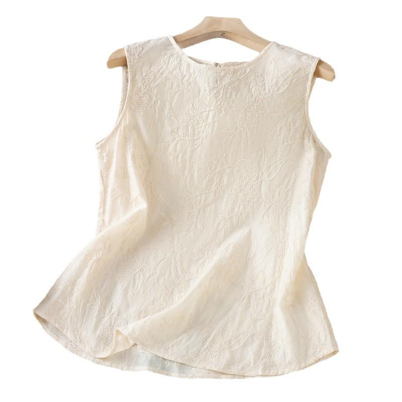 New Chinese style national style cotton embroidery comfortable and simple small vest beige embroidered shirt sleeveless top women