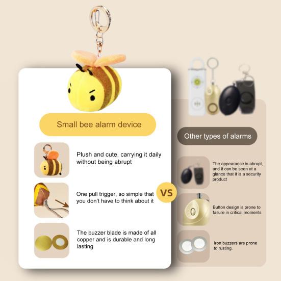 Cute Bee Personal Alarm Keychain Plush Stuffed Animal with Loud Safety Alertor Soft PP Cotton Pendant for Bag Keys
