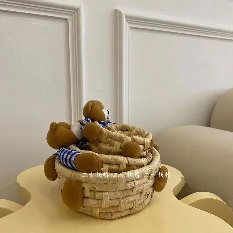 Cute Little Bear Hugging Weaving Storage Basket Woven Cosmetics Lipstick and Miscellaneous Items Storage Basket Desktop Decor