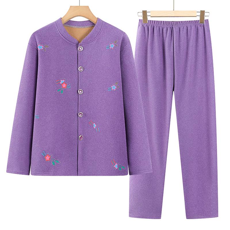 Women's Plus Velvet Warm Pajama Cardigan Set for Fall/Winter – Two-Piece Homewear for Grandma/Mom