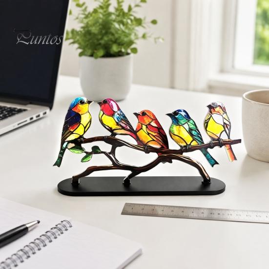 Fine Craftsmanship Bird Statues for Office Acrylic Birds on Branch Desktop Ornament, Colorful Stained Glass Style Nature Themed Gifts Lovers Figurine,