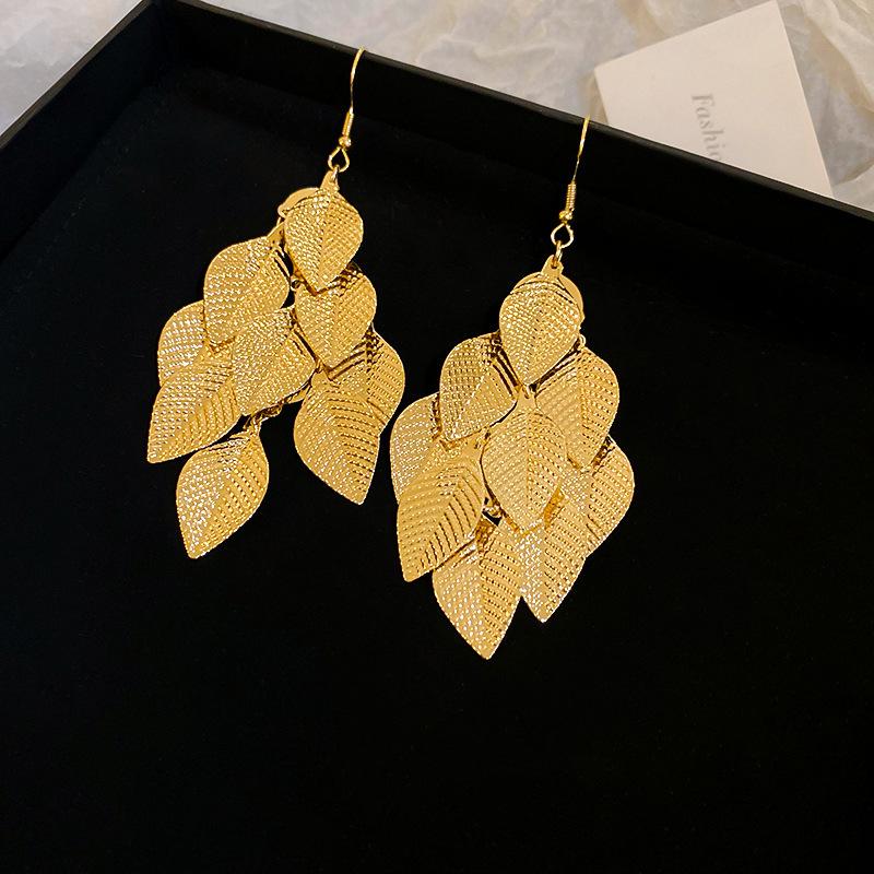 Metallic Texture Leaf Sequins Fringed Ear Hook Earrings Personality Temperament Earrings