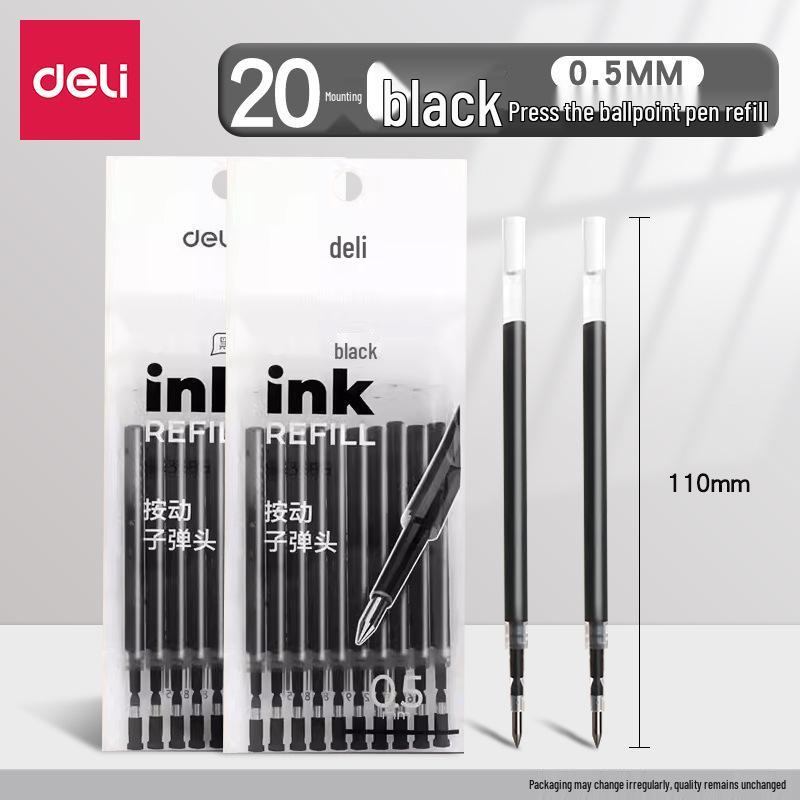 Deli Student Special 0.5mm Black Bullet Tip Refill, Smooth, Large Capacity for Exams & Signing