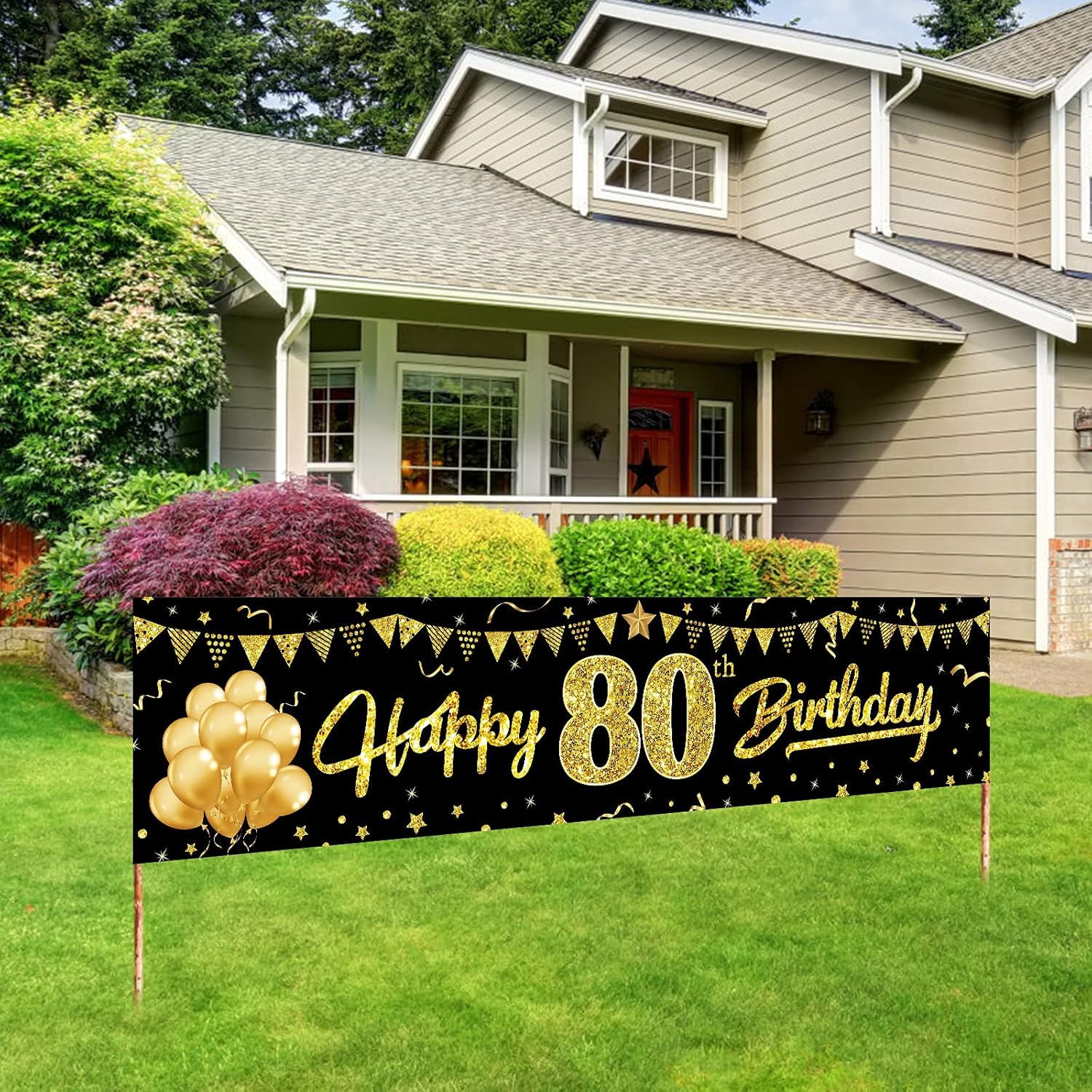 Happy 80th Birthday Banner Decorations for Women Men, Black Gold 80 Birthday Sign Party Supplies, 80 Year Old Birthday Backdrop Background Decor for