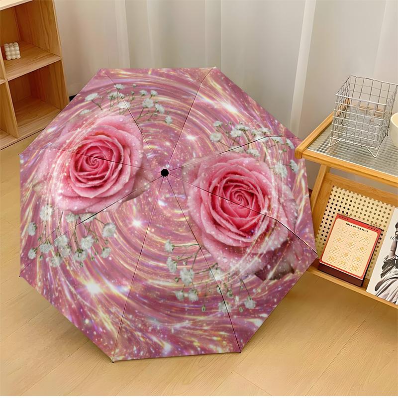 

Pink Roses in Circular Frame (2) Theme Automatic Umbrella Compact 8-Rib Design Sturdy Construction Durable Umbrella Stylish Accessory