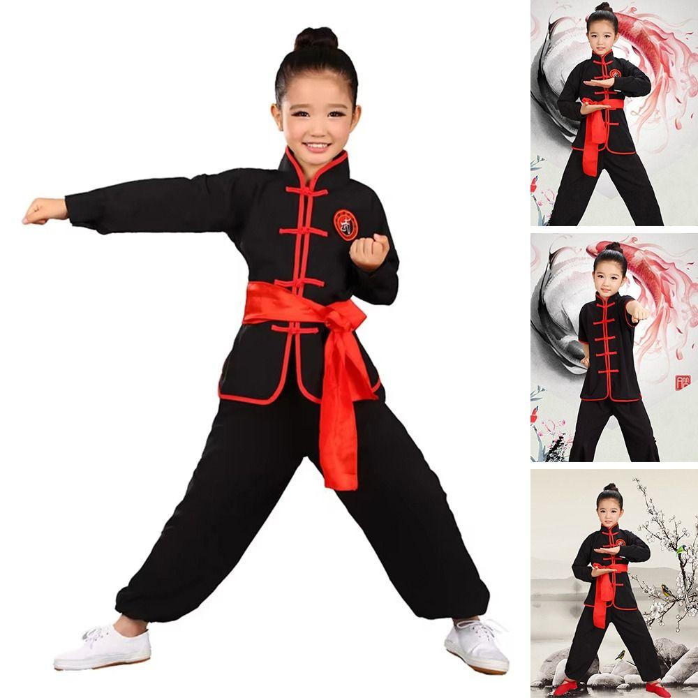 Traditional Wushu Costume Long Sleeves with Belt Kungfu Uniform Chinese Wushu Performance Martial Art Uniform Kids Boys Girls