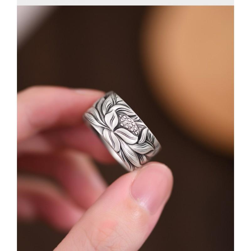Adjustable Open Ring Men Women Vintage Floral Lotus Design Plated Geometric Band Unisex Fashion Jewelry