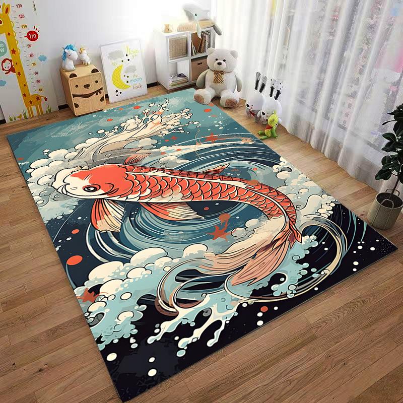 Artistic Carpet with Red Koi and Waves Suitable for use as an anti-slip game mat for living room and bedroom sofas