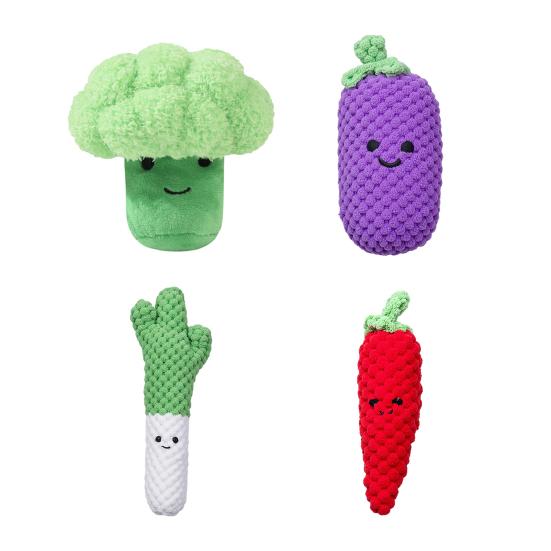 Plush Vegetable Dog Toy Squeaky Broccoli Eggplant Dog Chew Toy Cute Stuffed Scallion Chili Pepper for Puppy Teething Interactive Play