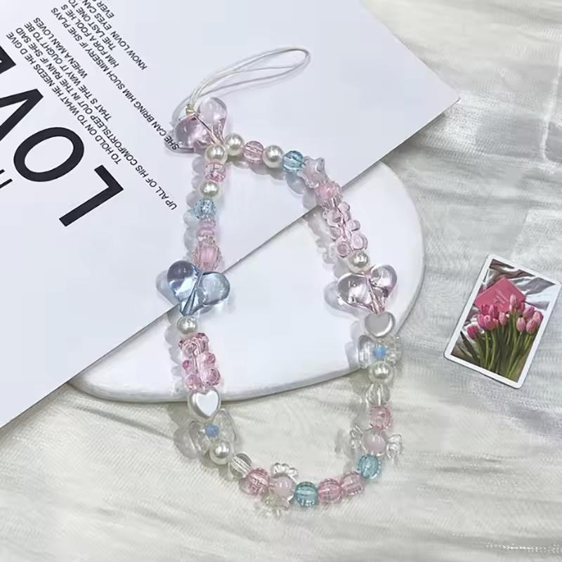 Cute Pink Love Heart Bowkont Beads Phone Chain Sweet Bear Hanging Rope Camera Lanyard Anti-lost Wrist Straps Bag Accessories