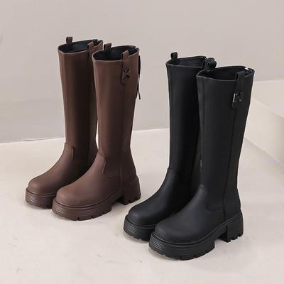 British Platform Leather Knight Boots for Women Fashion Increase Autumn Witner Ladies Shoes Designer Zipper Long Boots Female