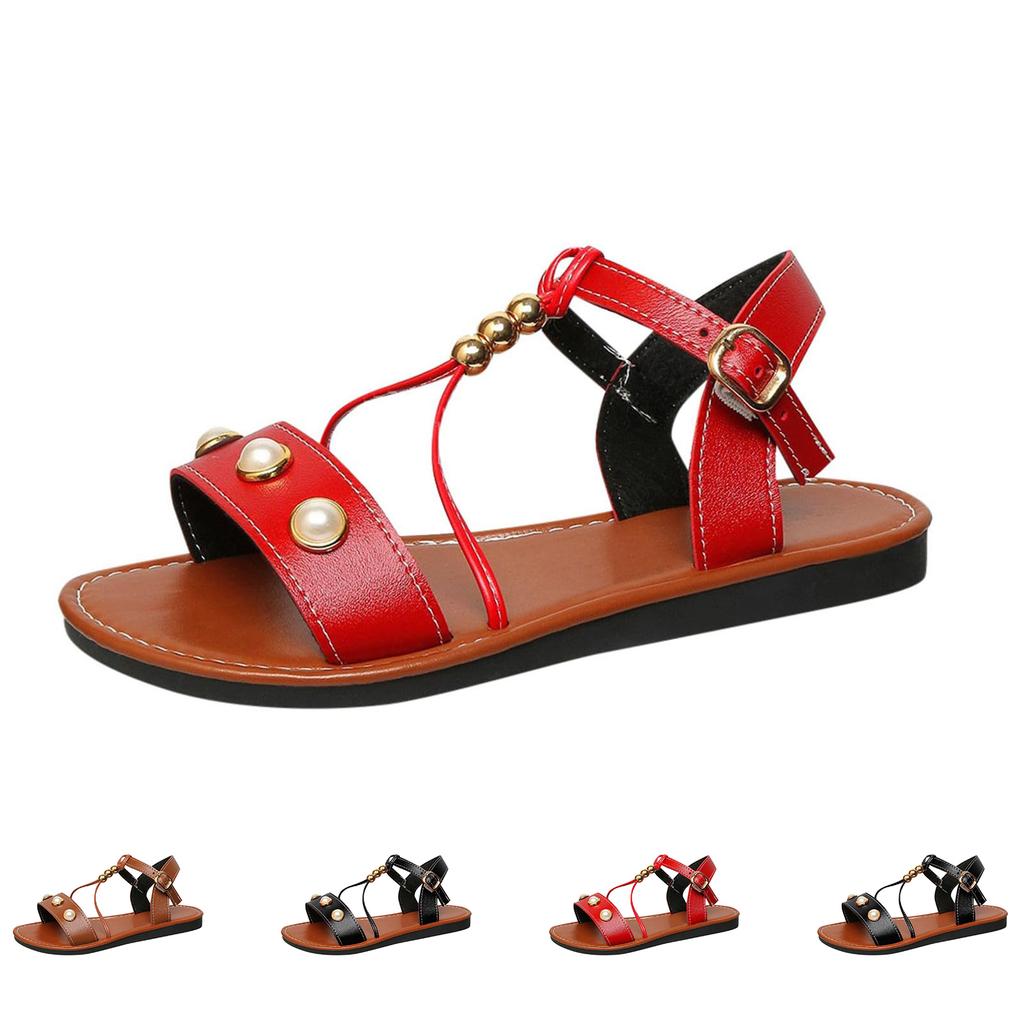 Retro Roman Pearl Buckle Flat Bottomed Comfortable Beach Sandals