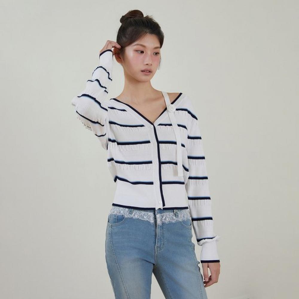 EGOIST Rose One Shoulder Stripe Knit Cardigan Es2okg01 