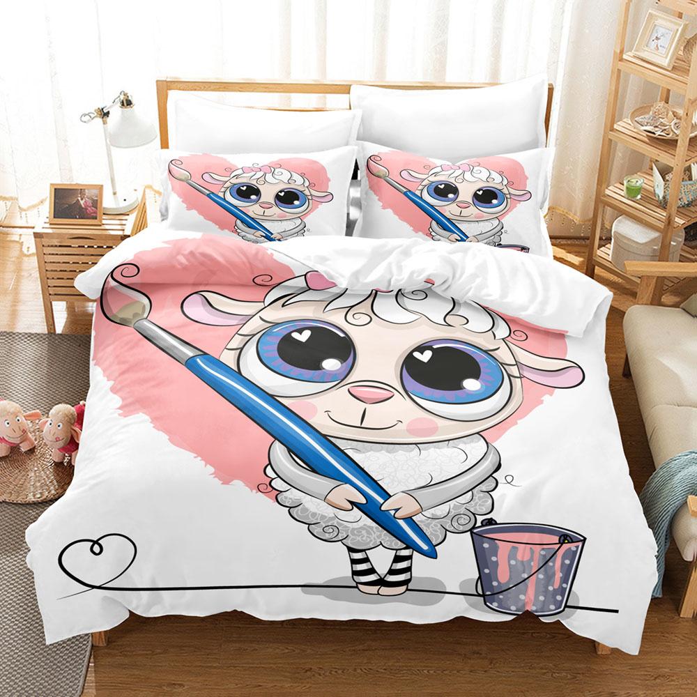 Cartoon Sheep Duvet Cover Set Cute White Sheep Flowers Pattern King Queen Full Size For Kids Boy Girl Gift Polyester Bedding Set