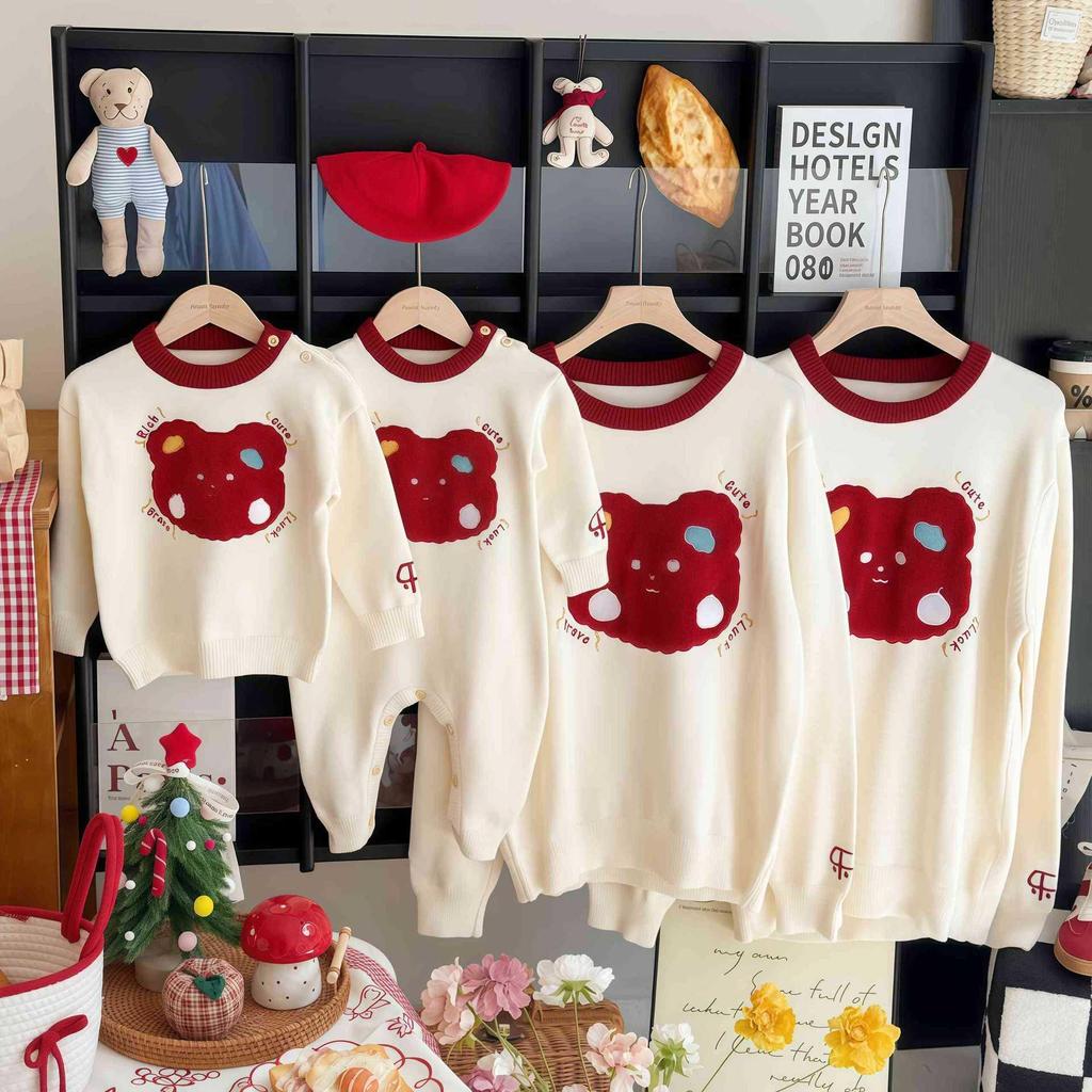 2025 Autumn/Winter Family Cartoon Knitted Sweater for First Birthday - Mother-Daughter Full Moon Outfit
