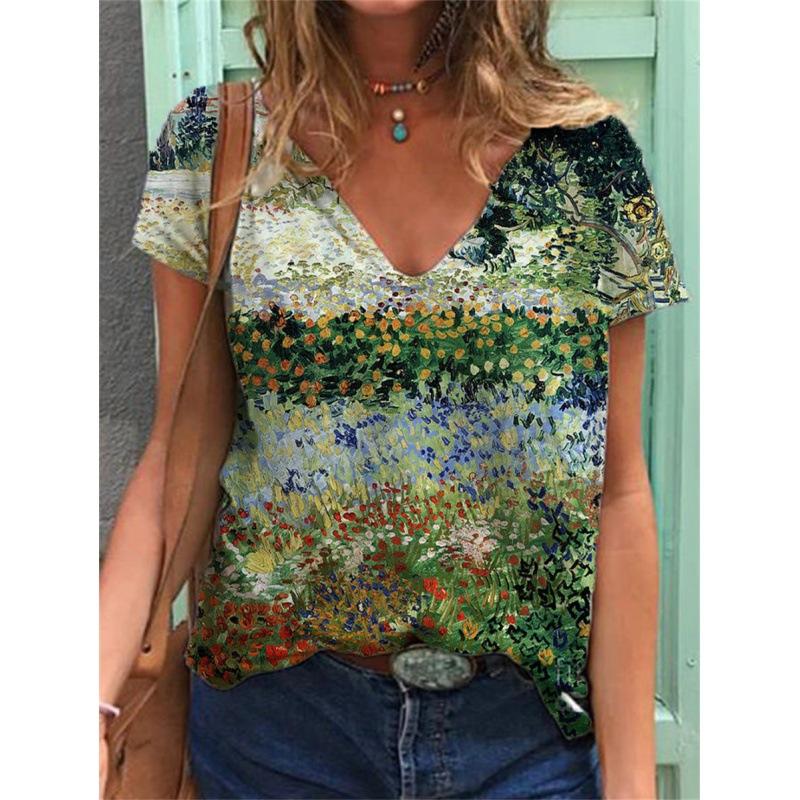 

Летний тренд Топ 3D цифровая печать V-образный вырез короткий рукав футболка L