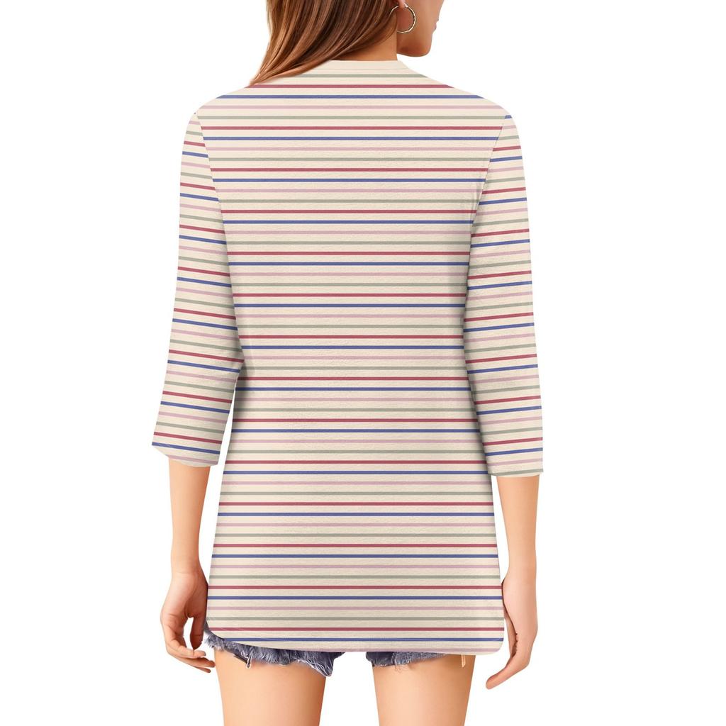 Women's Fashionable Casual 3/4 Sleeve Button Print V-Neck Pullover Top